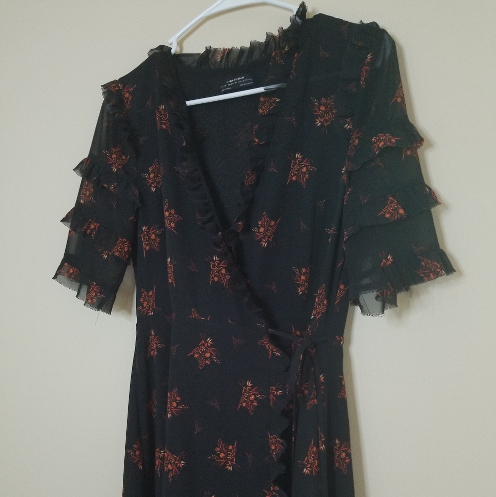 Zara Black Floral print wrap dress